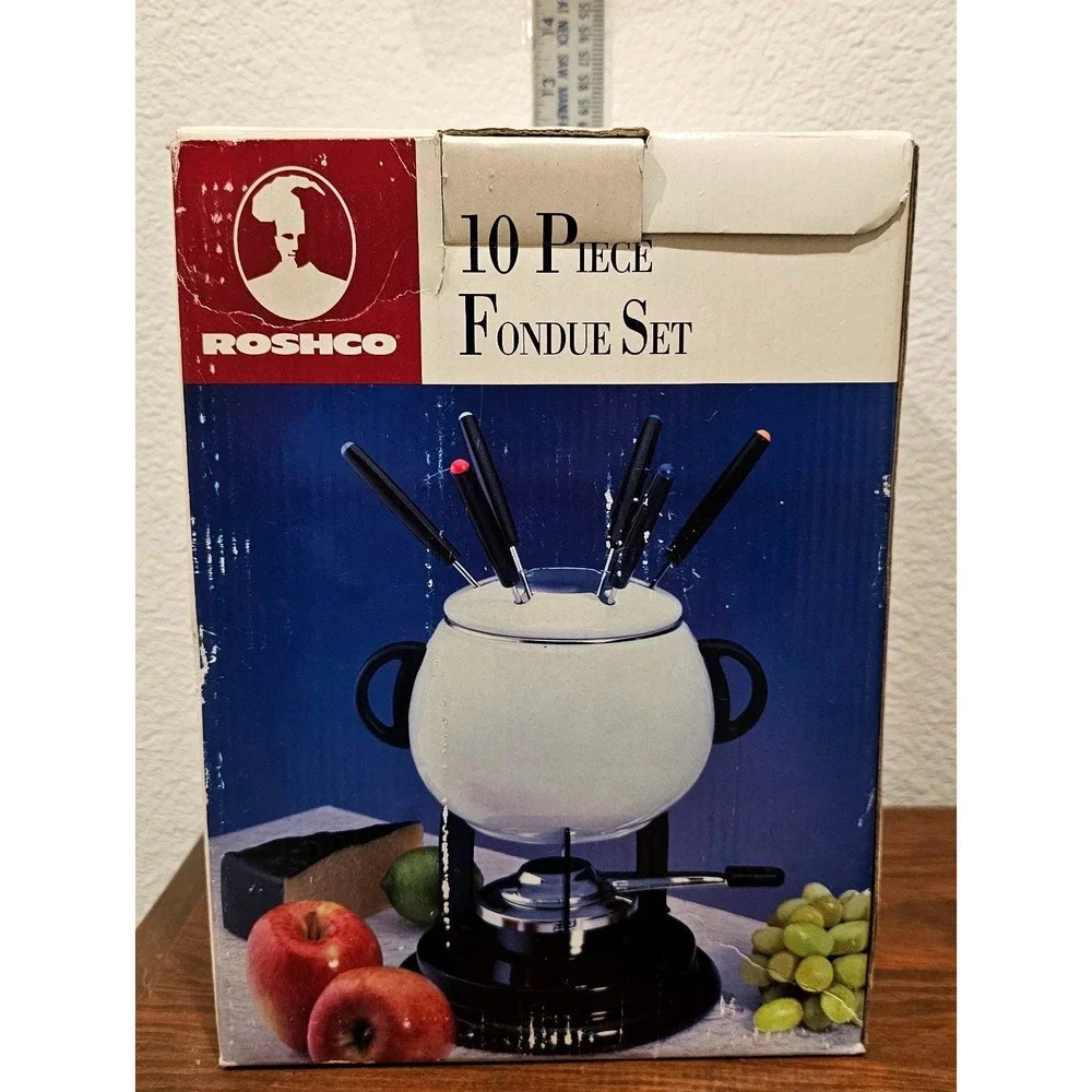 Vintage Roshco Enamel 10 Piece Fondue Set White Black Mid Century Retro Kitchen